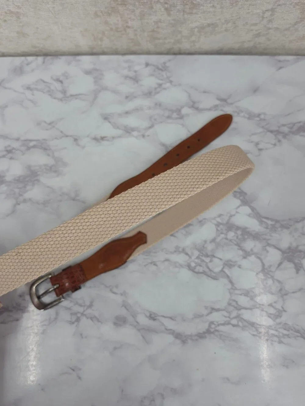 Vintage Cole Haan Men's Woven Cream Belt with Brown Leather Silver Tone Buckle